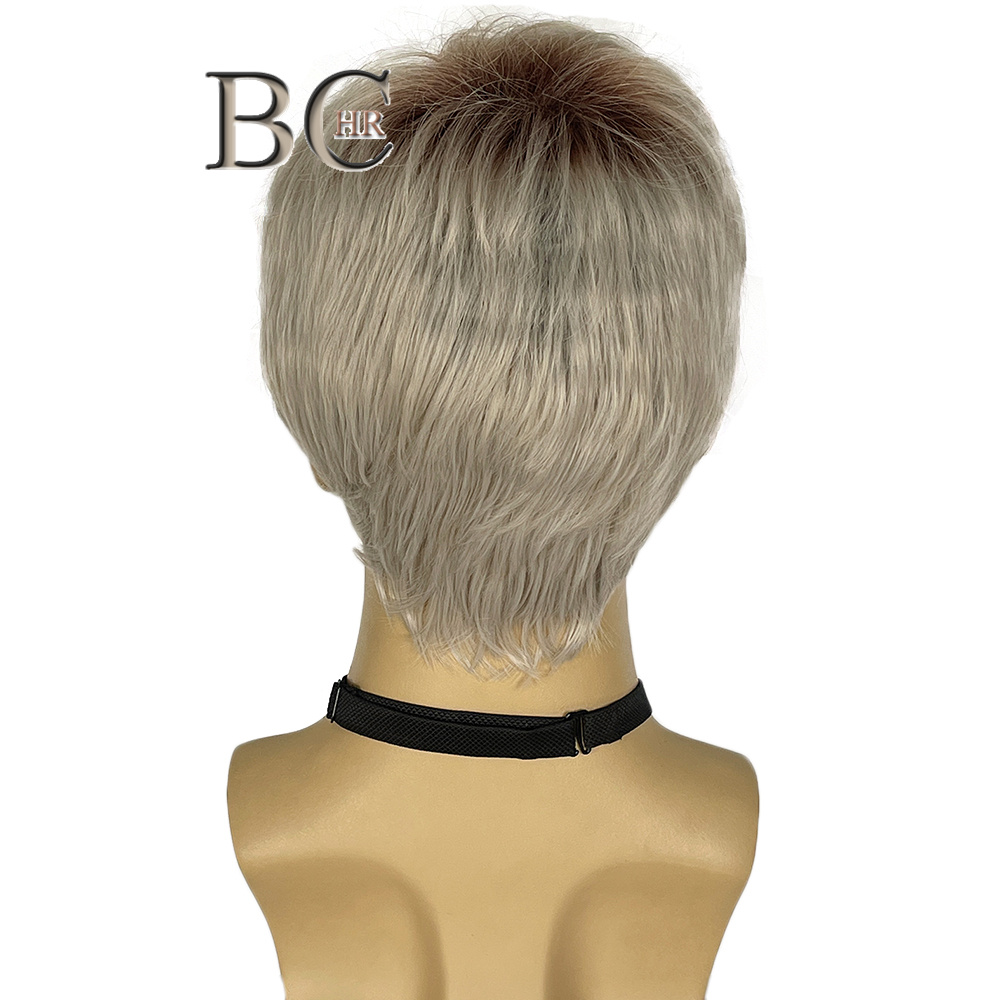 BCHR Short Men Blonde Wigs Synthetic Natural Straight Ombre Brown Roots Side Part Hairline Bangs Male Wig