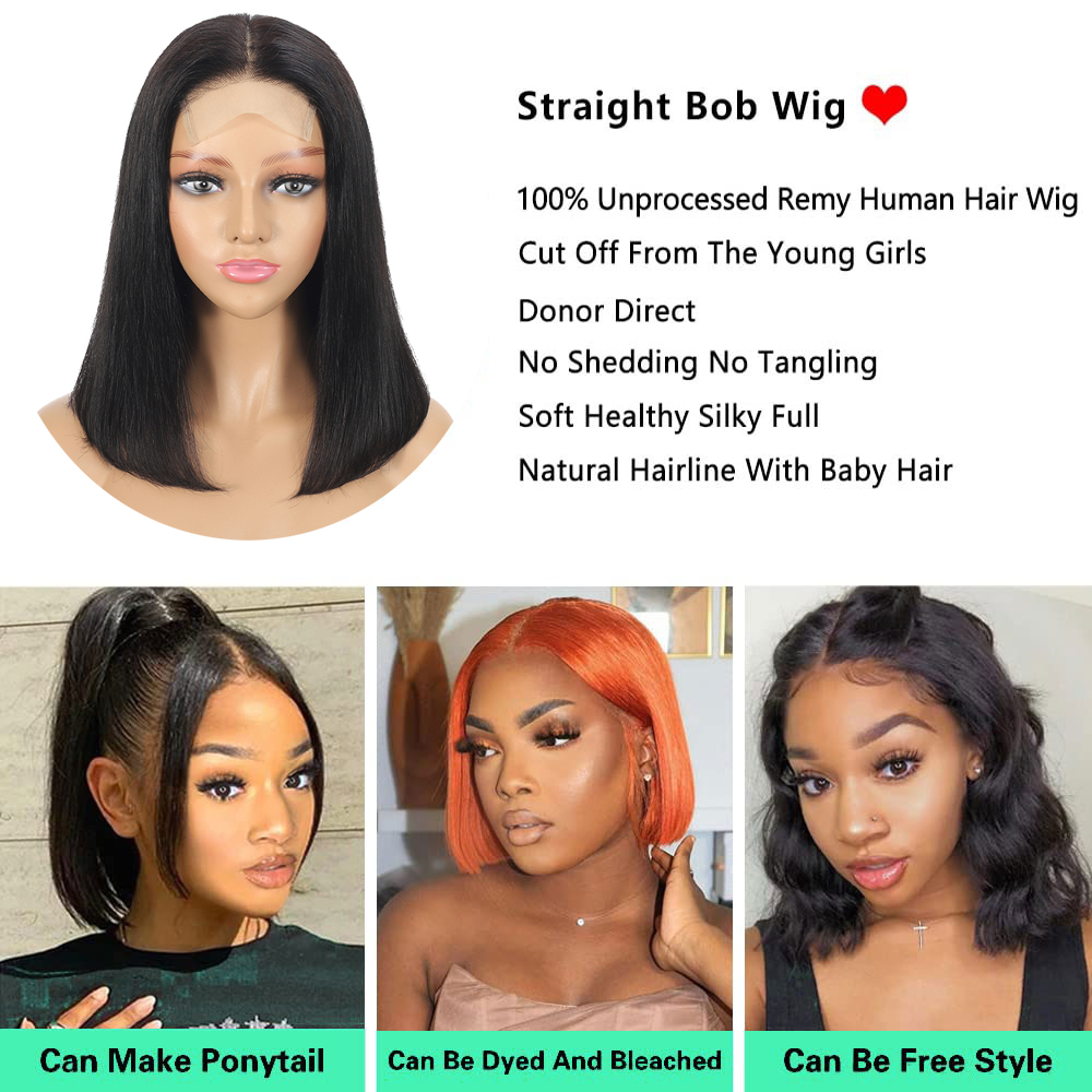 12A Peruvian 13x4 Short Bob Straight Wig Human Hair Wigs 4X4 Transparent Lace Bob Wig Pre Plucked With Baby Hair For Black Women