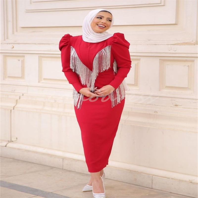 Amazing Red Evening Dress Saudi Arabic Mermaid Muslim Prom Dresses With Tassle Long Sleeve Short Cocktail Party Dress Tea Length Graduation Homecoming