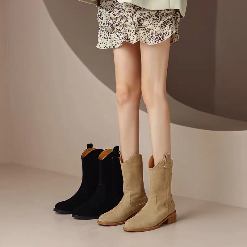 Women Pointed Toe Suede Chelsea Autumn Winter 2023 New Wedge Heel Western Cowboy Boots Slip-On Ankle Wholesale Zapatos De Mujer
