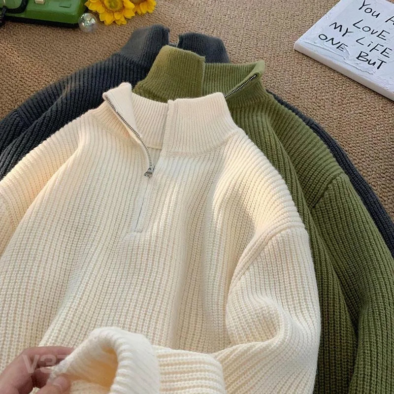 Autumn Winter Half Zipper Sweater for Men Knitted Thickened Vintage Solid Color Comfortable Fashion Clothing Pullover 241111