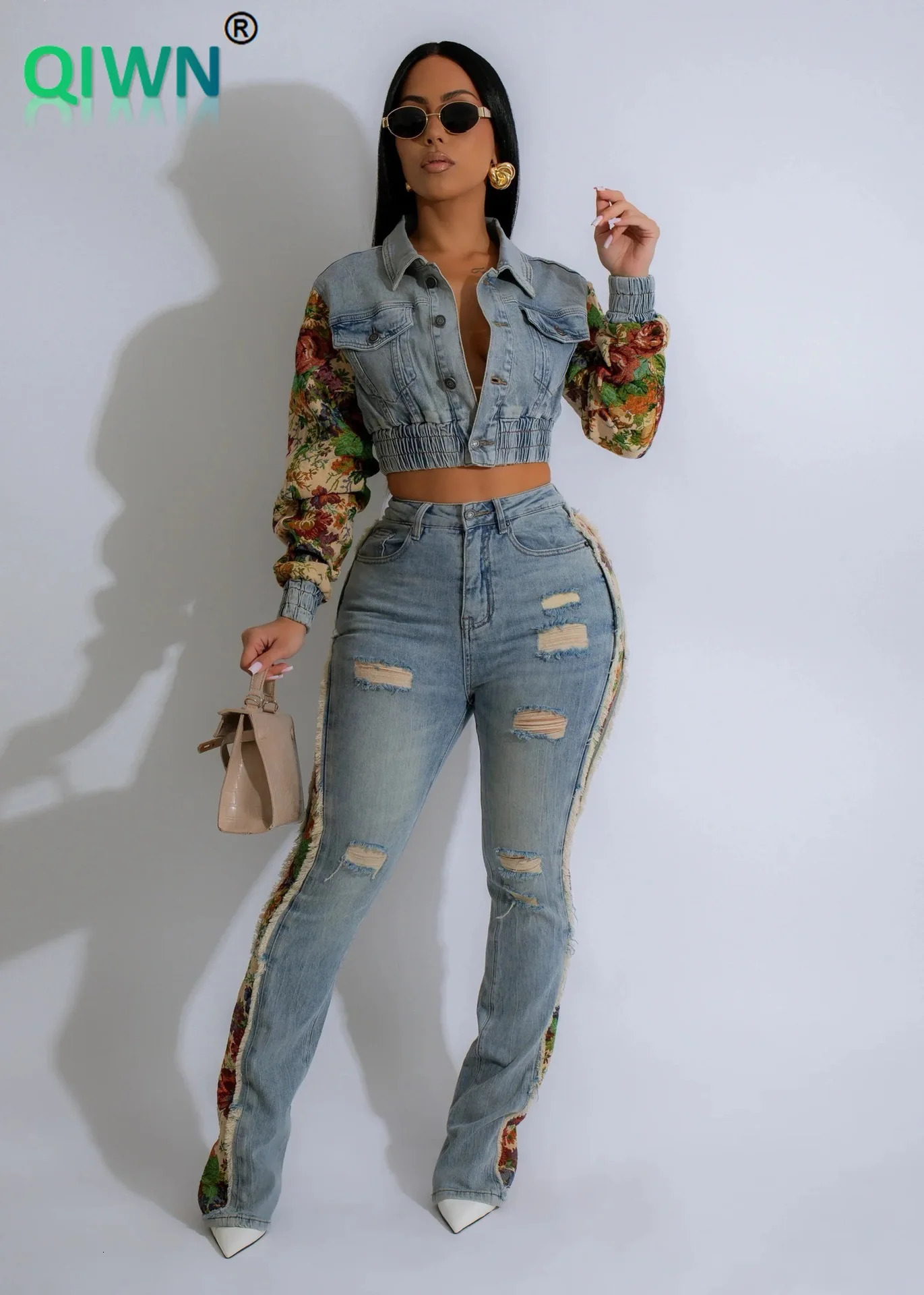 Denim Outfit Women Floral Patchwork Full Sleeve Button Fly Cropped Jacket Ripped Jeans Pants Two Piece Set Streetwear Trackuit 241111