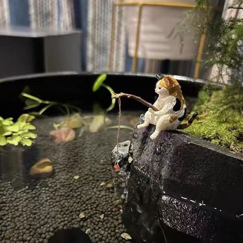 Fishing Cat Ornaments Aquarium Decoration Fish Tank Landscaping Cartoon Cat Statue Mini Resin Figurine Home Decorations