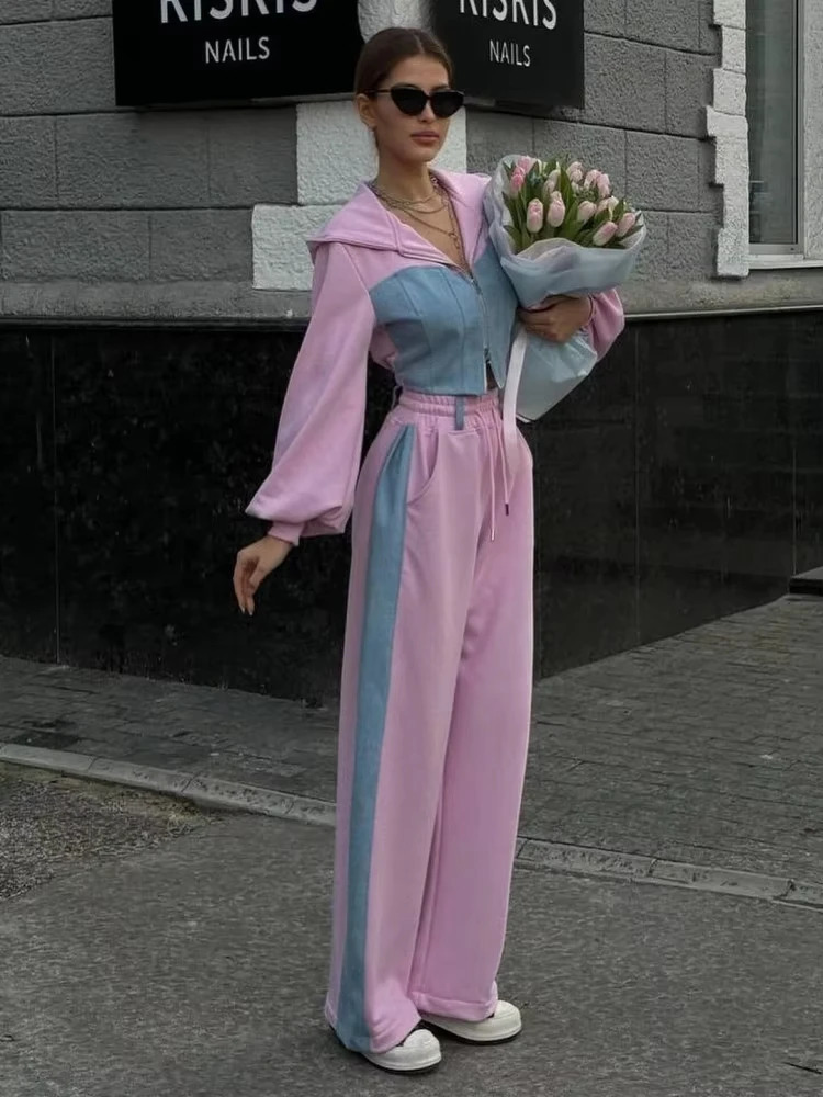 Fashion Patchwork Denim 2 Piece Sets Women Outfit Slim Hoodies Crop Top Wide Leg Sweatpants Suit Streetwear Casual Tracksuits 241111