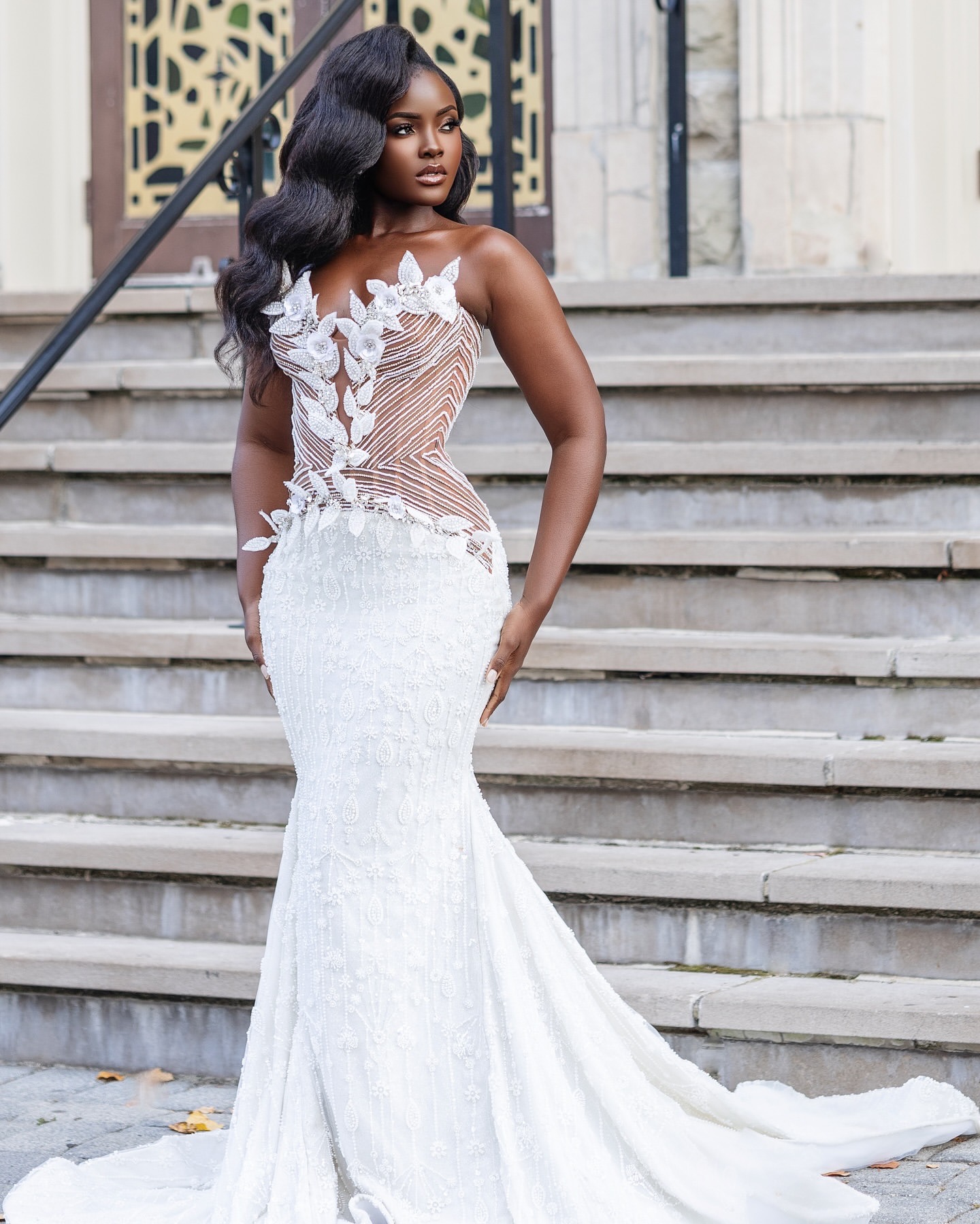 2024 Arabic Aso Ebi White Illusion Mermaid Wedding Dresses Florals Beaded Detachable Train Vintage Bridal Gowns Dress ZJ034
