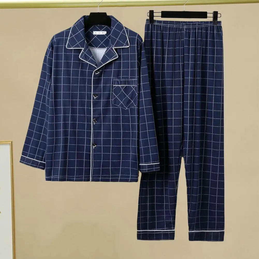 2PcsSet Men Fall Winter Pajamas Set Striped Plaid Print Lapel Long Sleeve Wide Leg Homewear Clothes Shirt Pants 241111