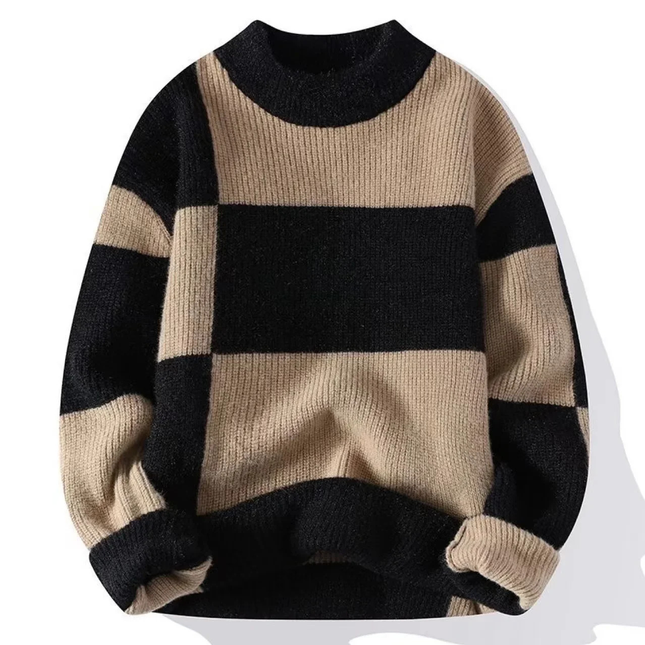 Men Sweaters Pullovers Round Neck Full Sleeve Casual Regular Knitted Tops Warm Thick Top Knit Splice Autumn Winter 241111