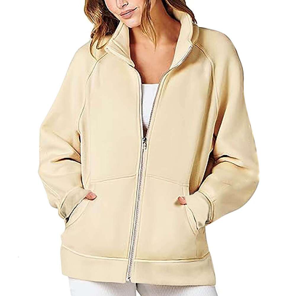 shanshi leather jacket women Autumn and Winter 2023 Pocket Insert Long Zipper Sports Sweater Women's Loose Casual Coat ()