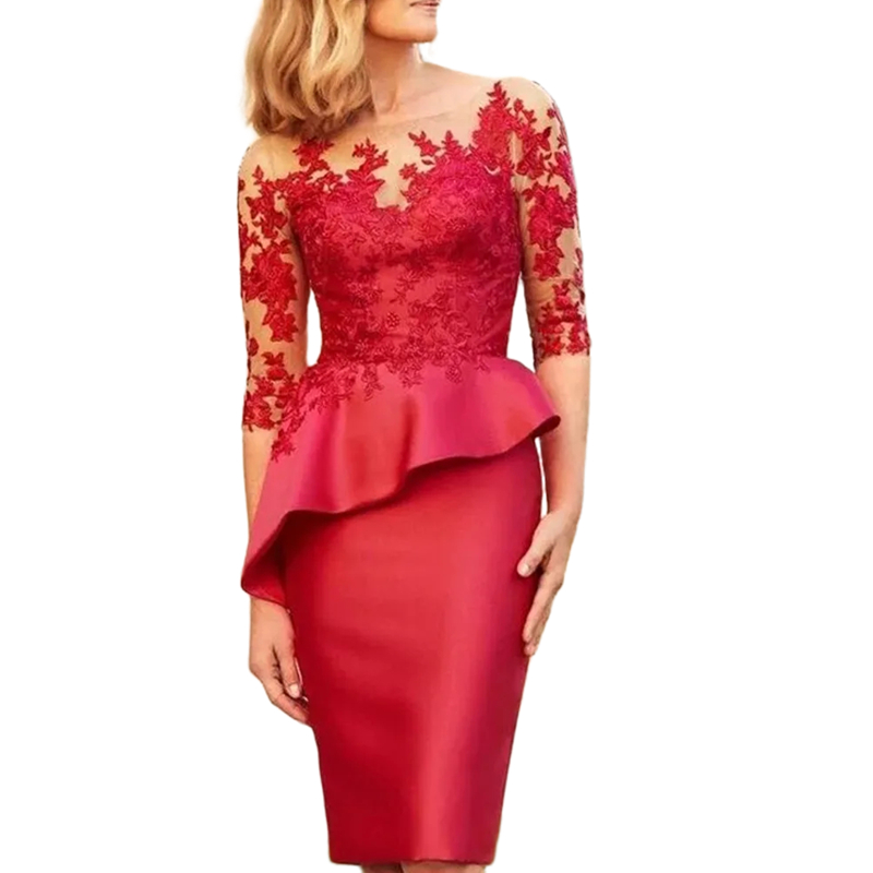 Elegant Knee Length Sheath Mother Of The Bride Dresses With Half Sleeves Lace Appliques Short Chic Wedding Guest Dress Satin Simple Groom Mom Prom Par