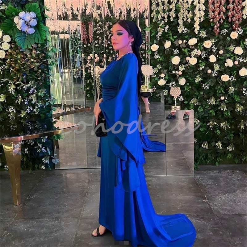 Chic Blue Saudi Arabic Evening Dress Elegant Long Sleeve Mermaid Prom Dresses Sweep Train Formal Party Gowns Charming Special Occasion Vestio De Fiest
