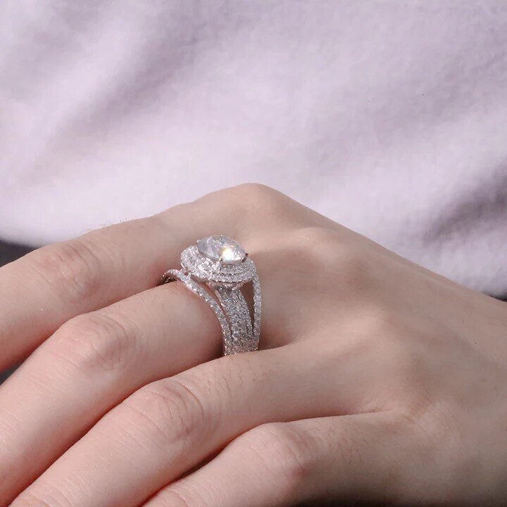 By Ritzin Inc Moissanite Ring Set Wedding Rings Original for Womens Women's Sterg Sier Round Adjustable Zirconia 6.5 Mm gorgeous