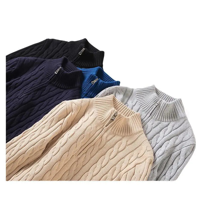 Autumn Winter Men pullover Sweater Mens Stand Collar Half Zip Cotton 100% Thickened Knit Solid Color High Street Clothes 241111