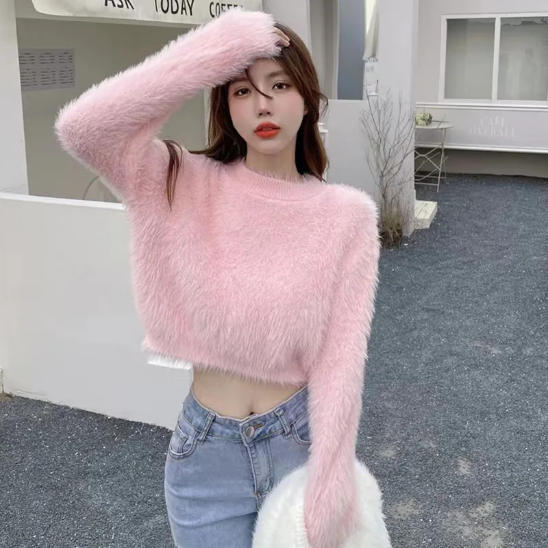 y2k Sweater For Women Sweet Faux new Mink Hairy Pullover O Neck Long Sleeve Loose Short Sweater Lady Casual Soft 2025 Warm Jumper
