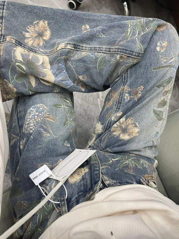 American hiphop men and women trendy retro floral print straight leg jeans for couples loose wide casual pants y2k 241111