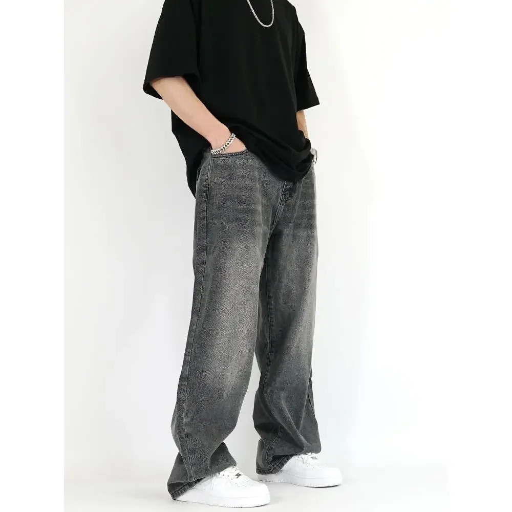 Grey Vapor Blue Smoky Elastic Waist Loosefit American Vintage Womens Jeans Straightleg Denim Pants Drop Crotch 241111