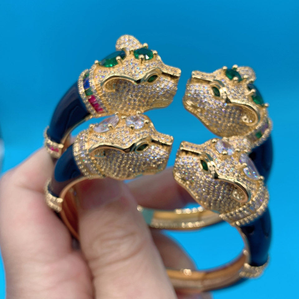 Zlxgirl High Quality Jet Leopard Animal Bangle Wtih Ring for Women Bridal Jewelry set fine AAA Cubic Zirconia Bangle Bracelet