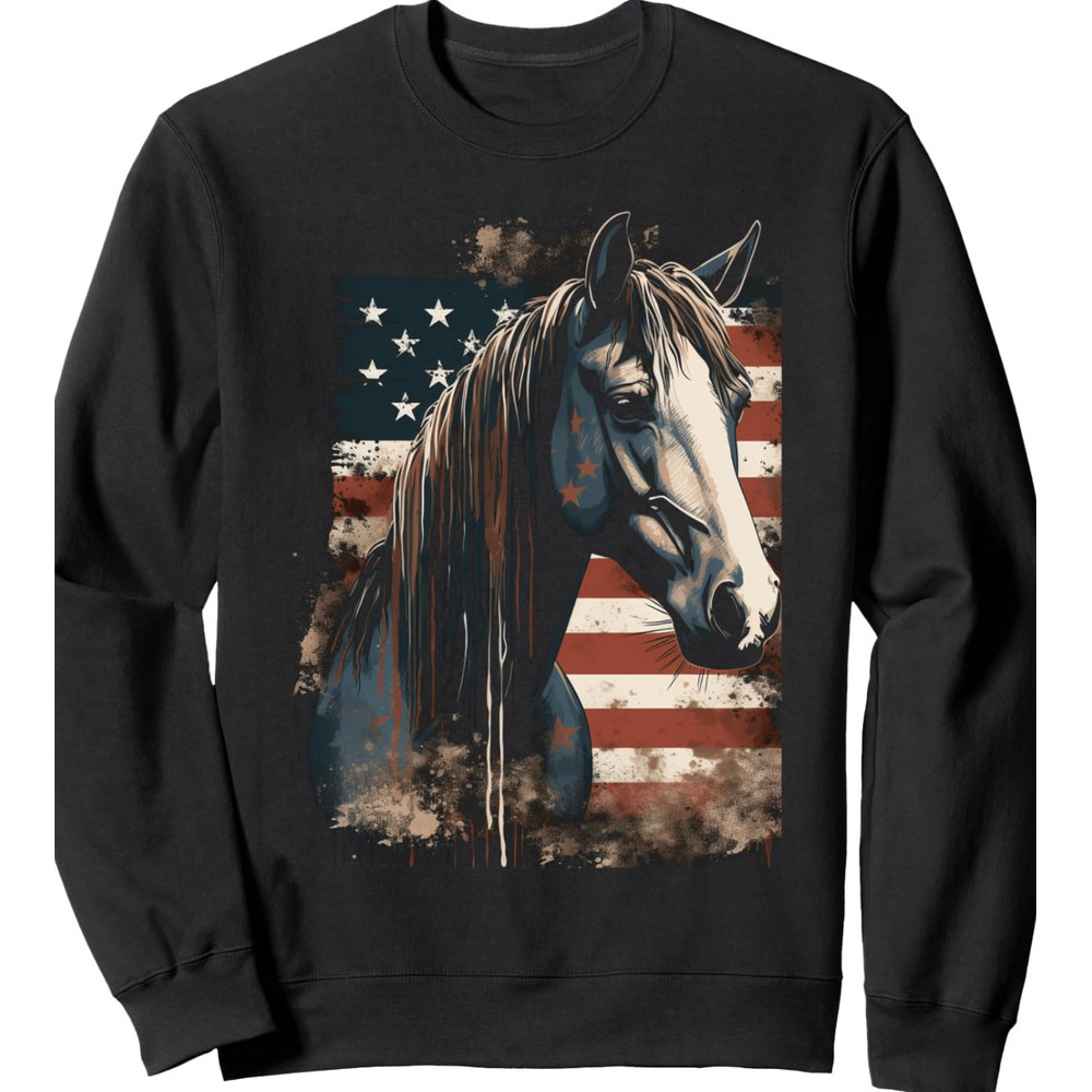 Long Sleeve Shirts for Men sweatshirt Horse American Flag USA 4th of July Graphic Tee for Boy Girl Sweatshirt T shirt Tee Streetwear Casual tops cloth