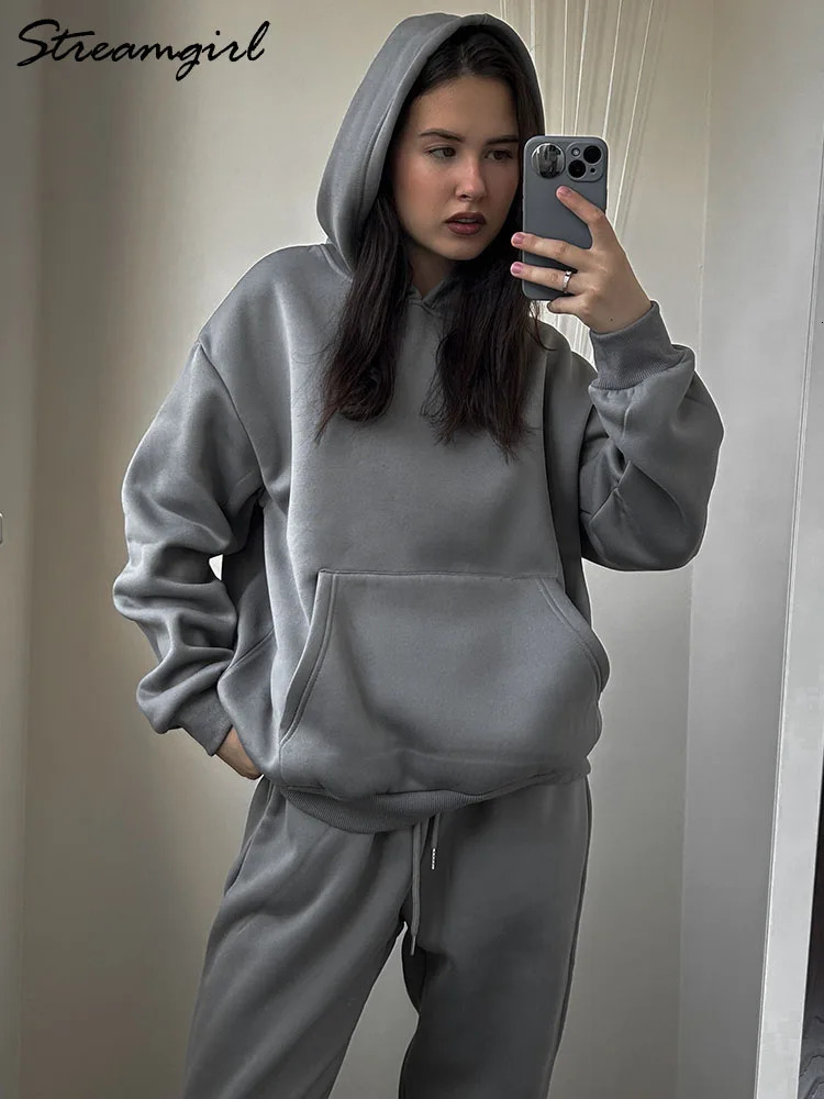 Gray Warm Fleece Suit For Women Winter Thick Veet Pants Sets Sweatpants Sweatshirt Ladies Warrn Tracksuit Two Piece Set 241111 B4