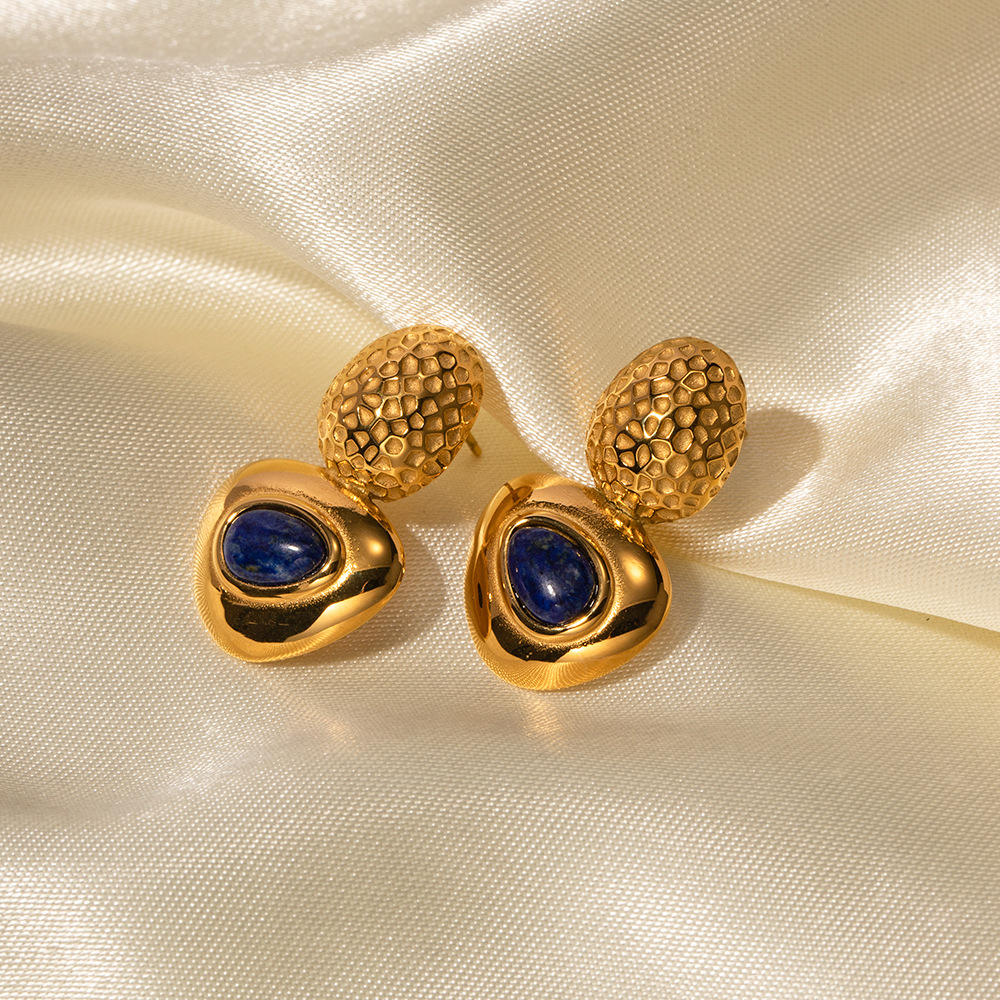 Fashionable 18k Gold Stainless Steel Earrings for Women's Lapis Lazuli Oval Hammer Pattern Connection Triangle Banquet Party Designer Earrings
