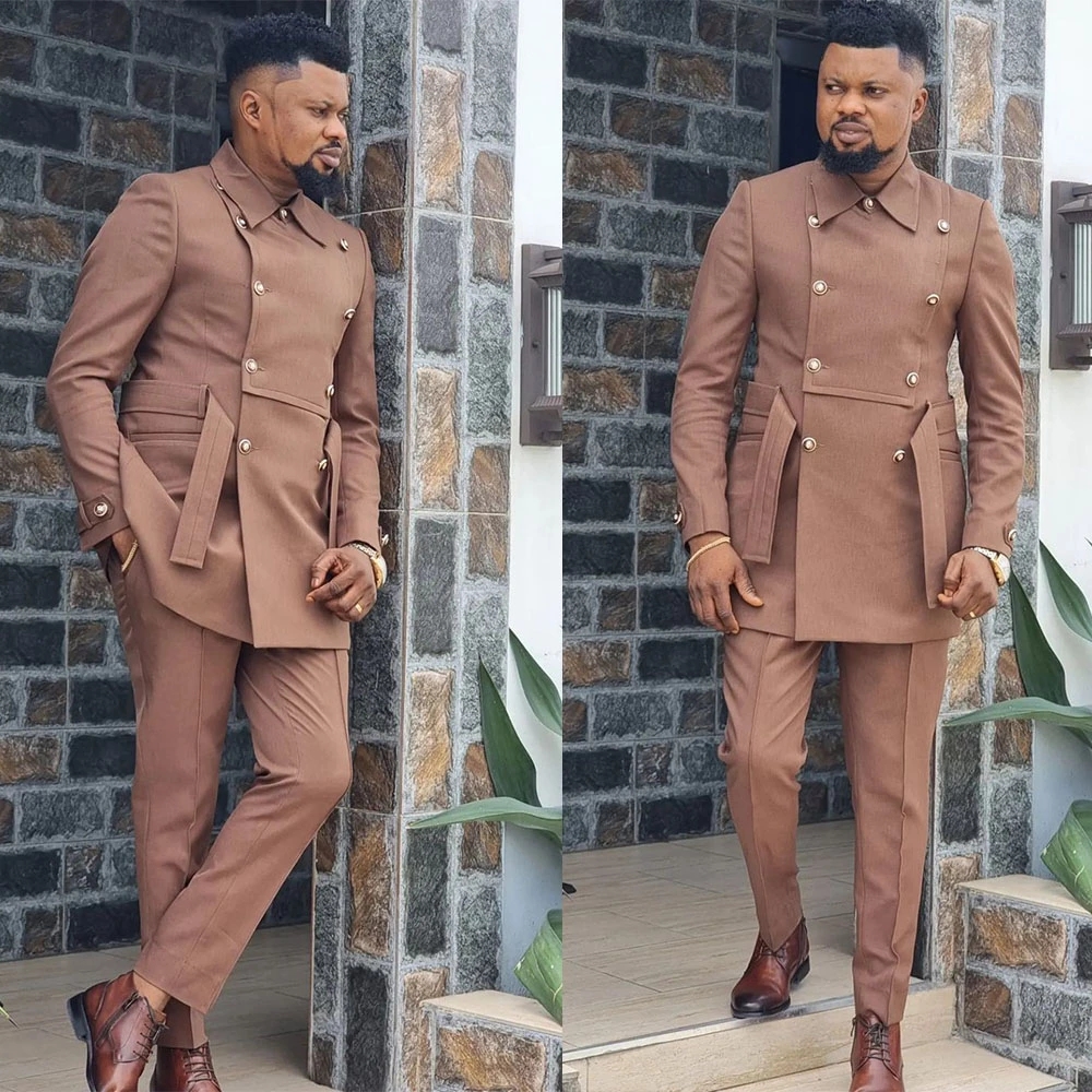 Grey High Neck Men Suits 2 Pieces Palace Handsome Wedding Suits Fit Slim Formal Casual Prom Double Breasted Coat+Pants Tailored