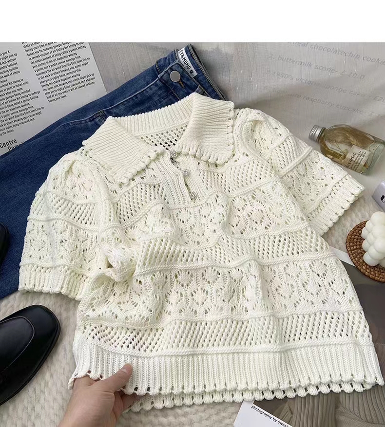 Korean 2023 Summer Hollow Out White Turn-down Collar Women Female Short Sleeve Top Casual Pullover Knit Crochet Clothes Simple