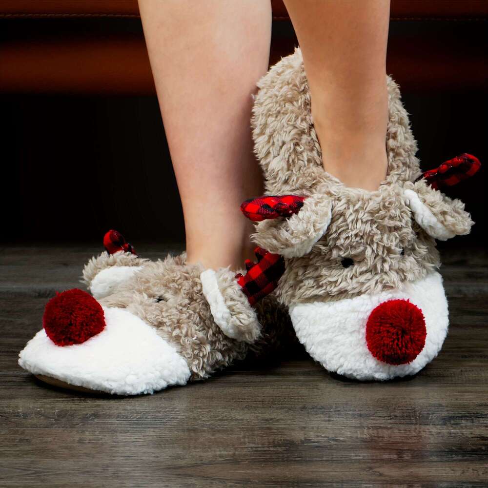 Christmas Comfortable Plush ed Cute Reindeer Design Slippers, Casual Slip On Shoes for Indoor Home Christmas