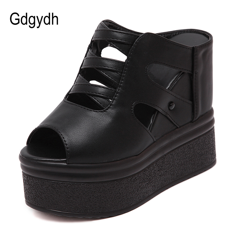 Women's Open Toe Platform Mules Sandals Wedges Shoes For Women American High Heels Hollow Out Black Vegan Leather Backless