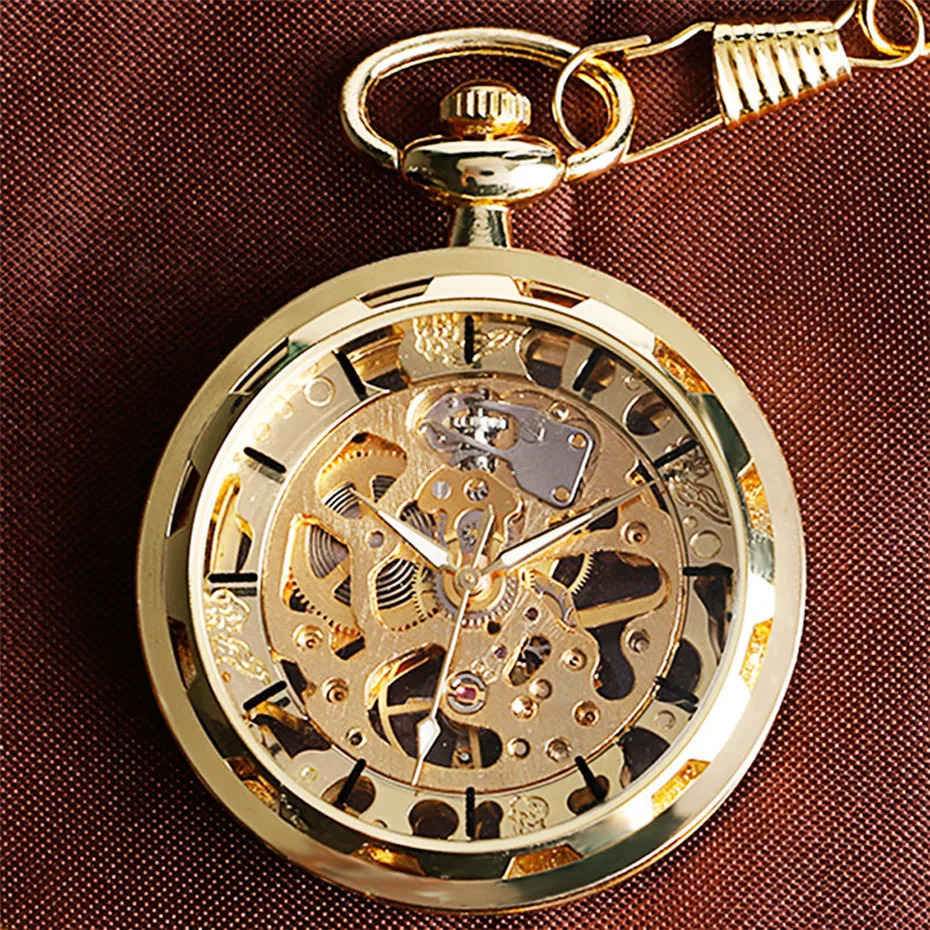Transparent open hollow skeleton mechanical pocket watch hand cranked retro clock birthday gift with pocket chain reloj 241108