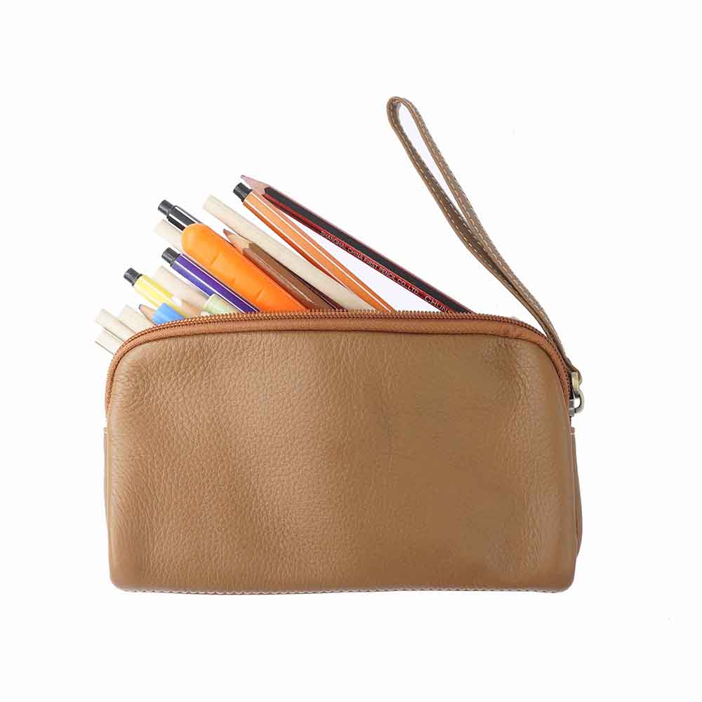 Leisure Cowhide Women Clutch Bag Personalize Letters Genuine Leather Female Wristlet Purse Bag Vintage Pencil Makeup Zip Pouch