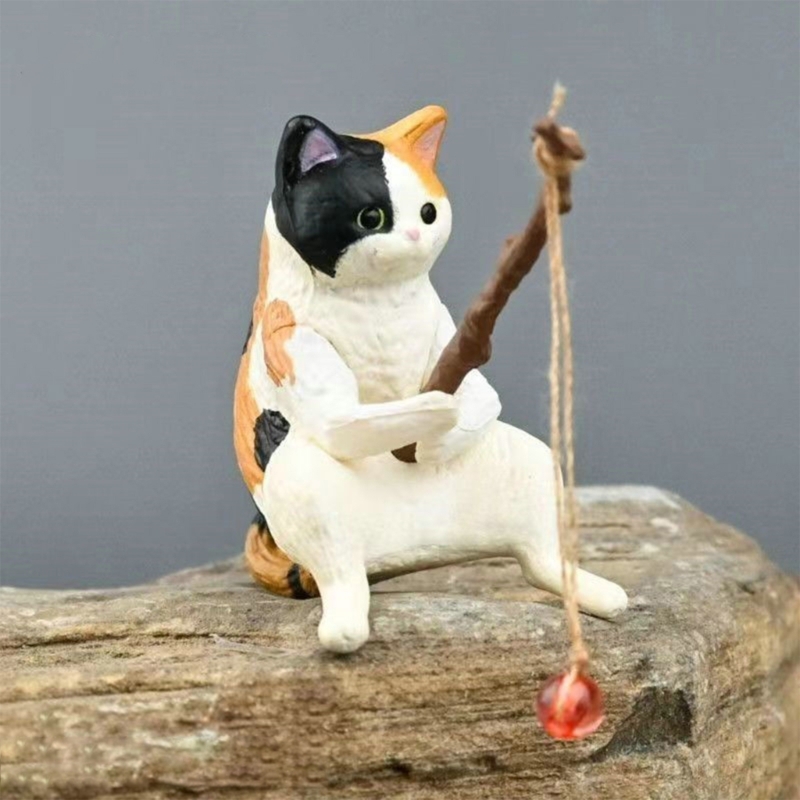 Fishing Cat Ornaments Aquarium Decoration Fish Tank Landscaping Cartoon Cat Statue Mini Resin Figurine Home Decorations