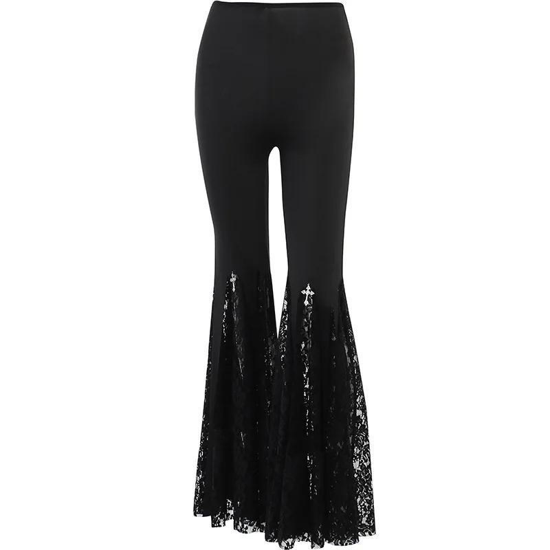 Goth Mall Flare Pants Sexy Black Lace Patchwork High Waist Vintage Harajuku Hippie Punk Grunge Streetwear Y2k 241108