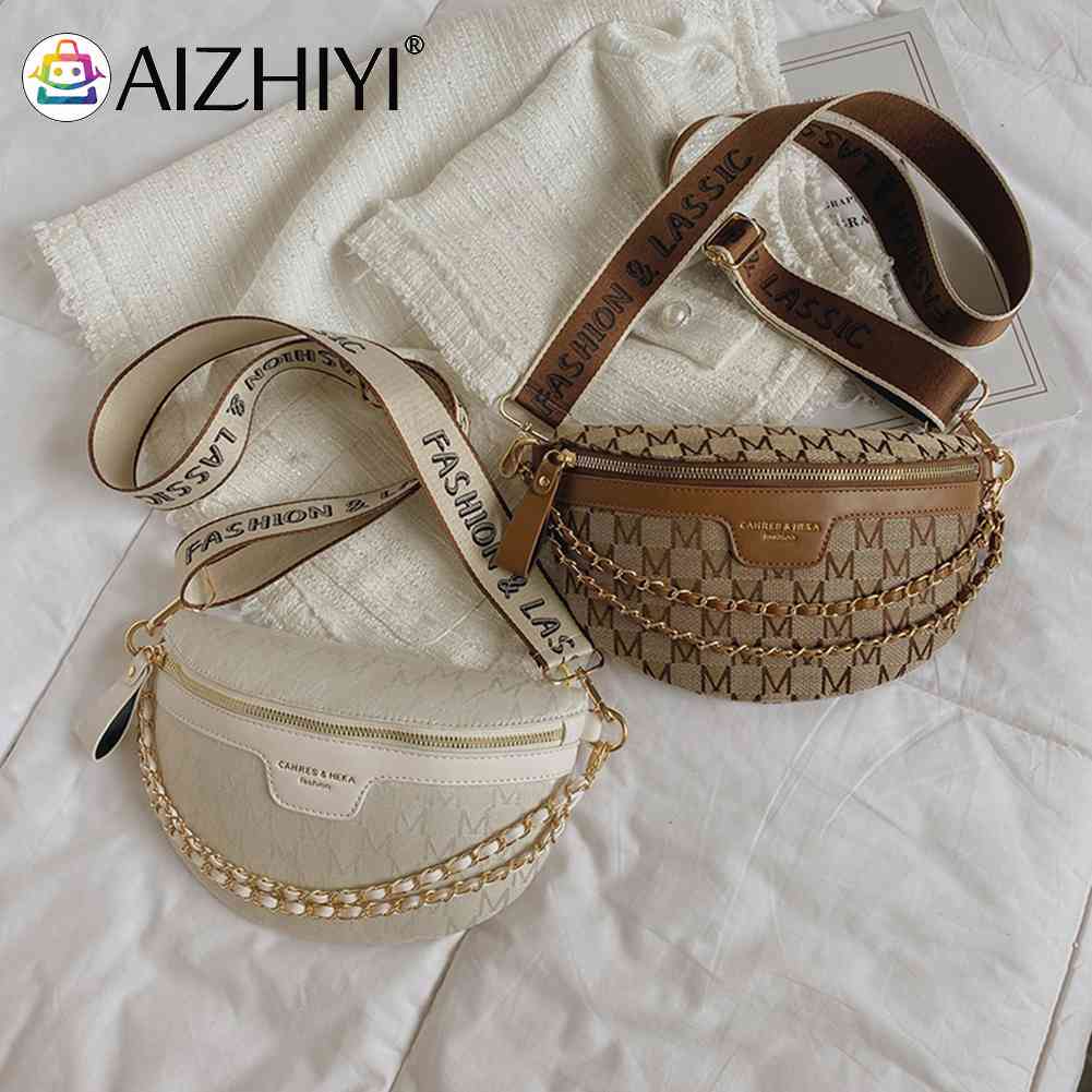 Vintage Shoulder Bag Printed Letter Women Saddle Waist Bag Canvas Phone Pouch Chains Ladies Wide Strap for Travel Work Hot-sale