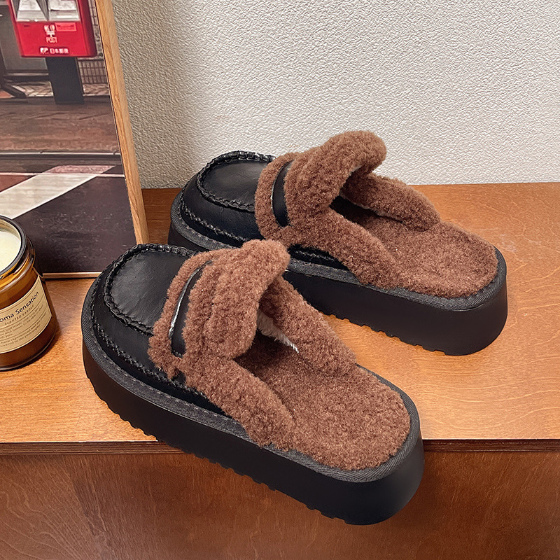 Women's Slippers:Winter Fleece Warm Thick Sole Outdoor Wear 2024 New Fashion Versatile Comfort,Black/Brown,Free shipping