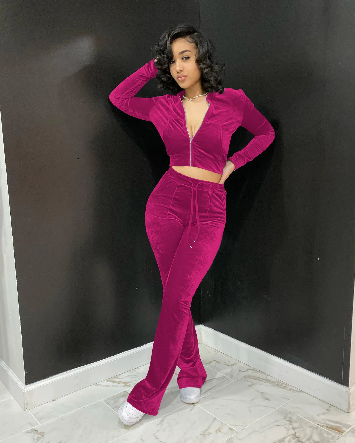 Autumn Winter Velvet Outfit Sexy Women Two Piece Matching Set High Street Casual Tracksuit Hooded TopFlare Pants 241111