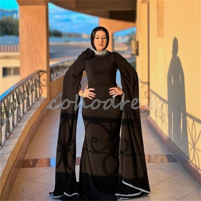 Amazing Moroccan Dubai Black Evening Dress With Beaded Sequin Elegant Islamic Muslim Prom Dress Mermaid Formal Party Special Occasion Dress Robe De Ma