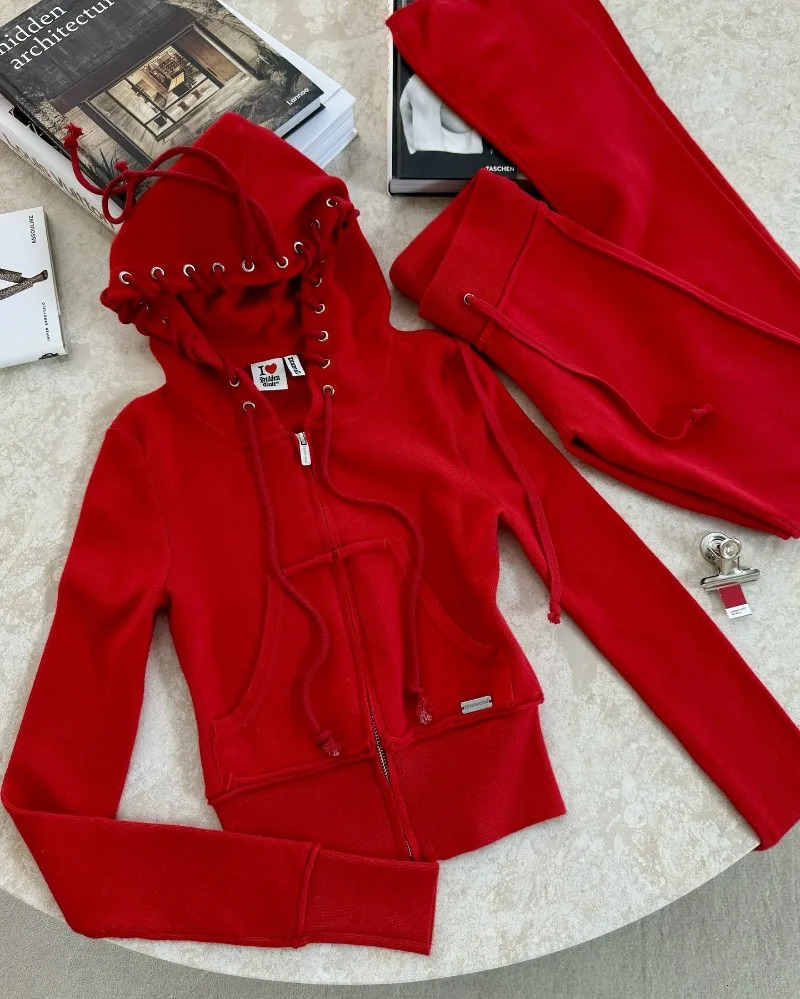 Women Solid Drawstring Ribbons 2 Piece Set Long Sleeve Zipup Hooded Sweatshirts Tops Flare Pants Fashion Casual Tracksuits 241111