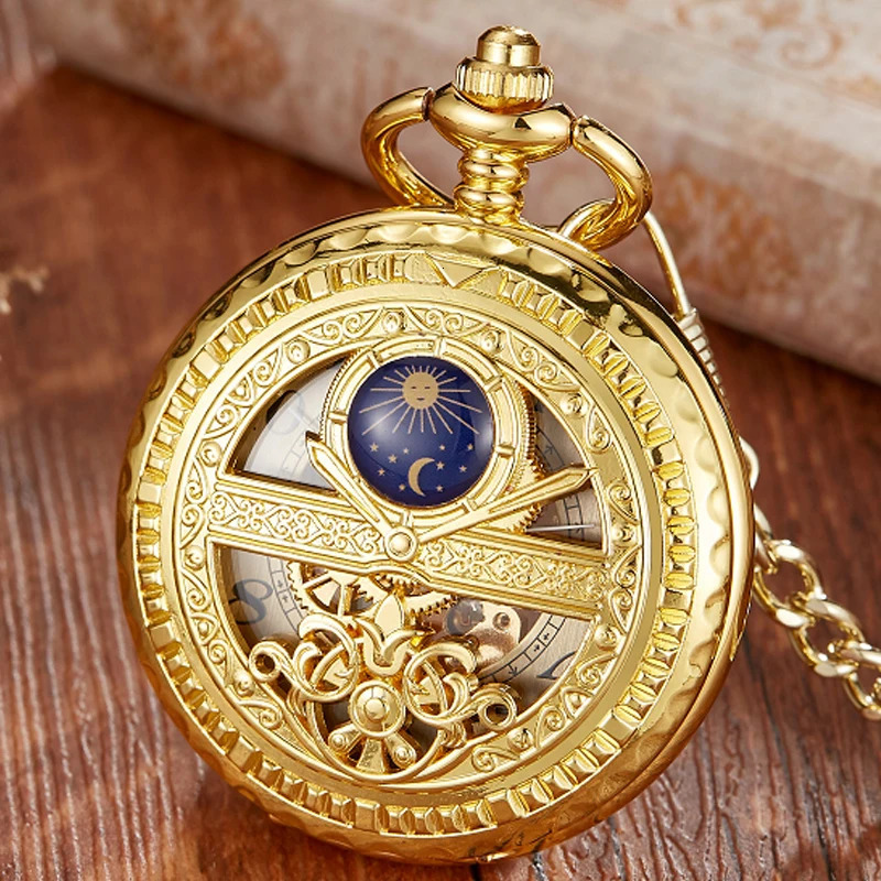 Hand woven mechanical pocket watch retro hollow blue moon star steampunk skeleton watch Roman numeral watch with Fob chain 241108