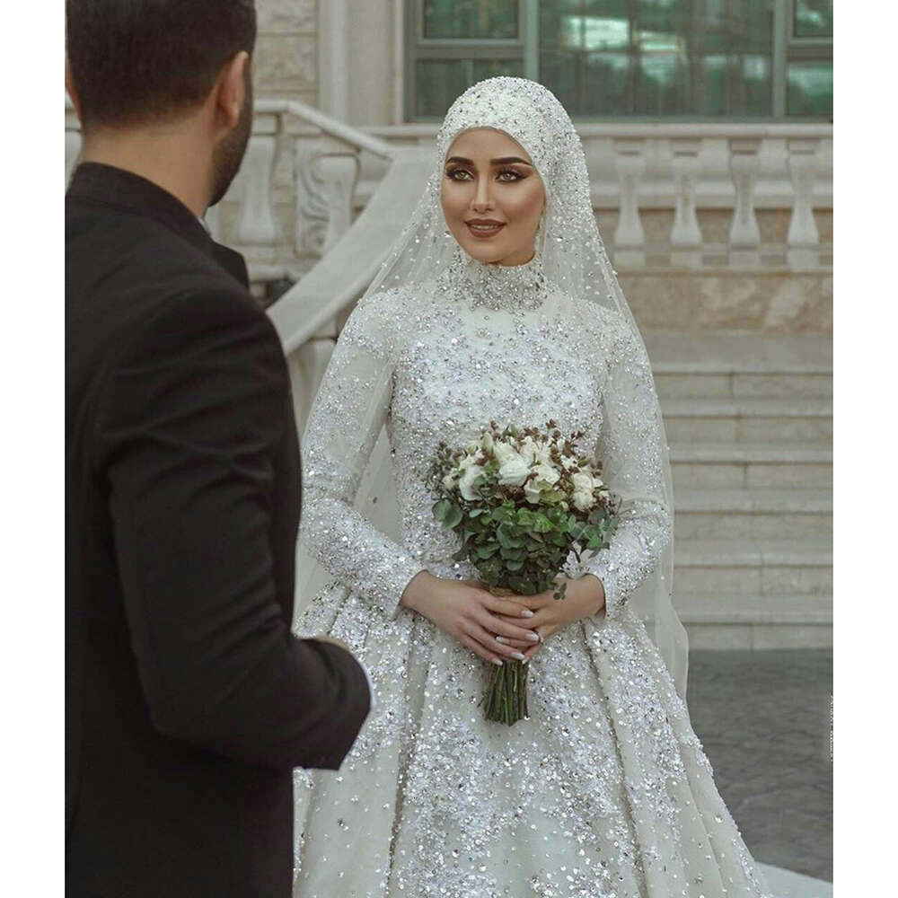 STEVDITG Pearls Crystal Wedding Fashion High Neck Long Sleeves Appliques Beading Chapel Train Ball Gown Bride Dress 0914