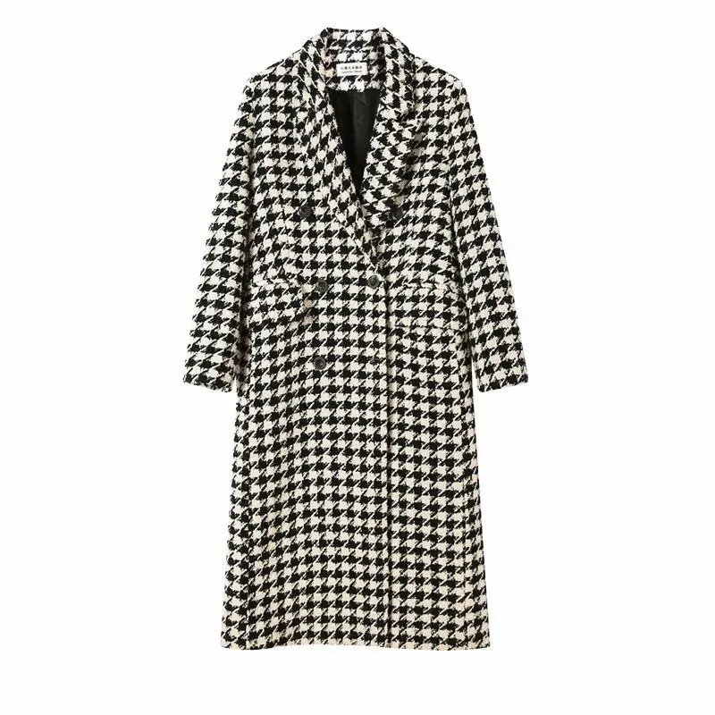Womens winter Korean long wool coat retro black and white patch work plain loose jacket double chest coarse tweed jacket fashionable 241111