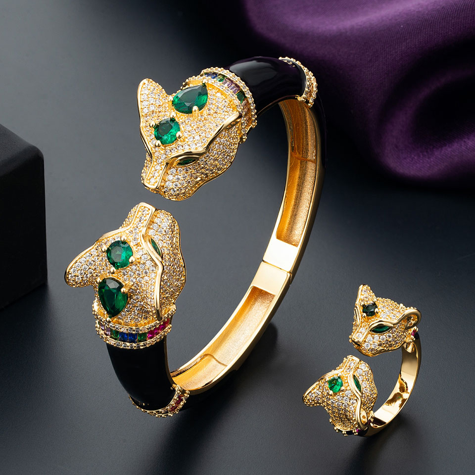 Zlxgirl High Quality Jet Leopard Animal Bangle Wtih Ring for Women Bridal Jewelry set fine AAA Cubic Zirconia Bangle Bracelet