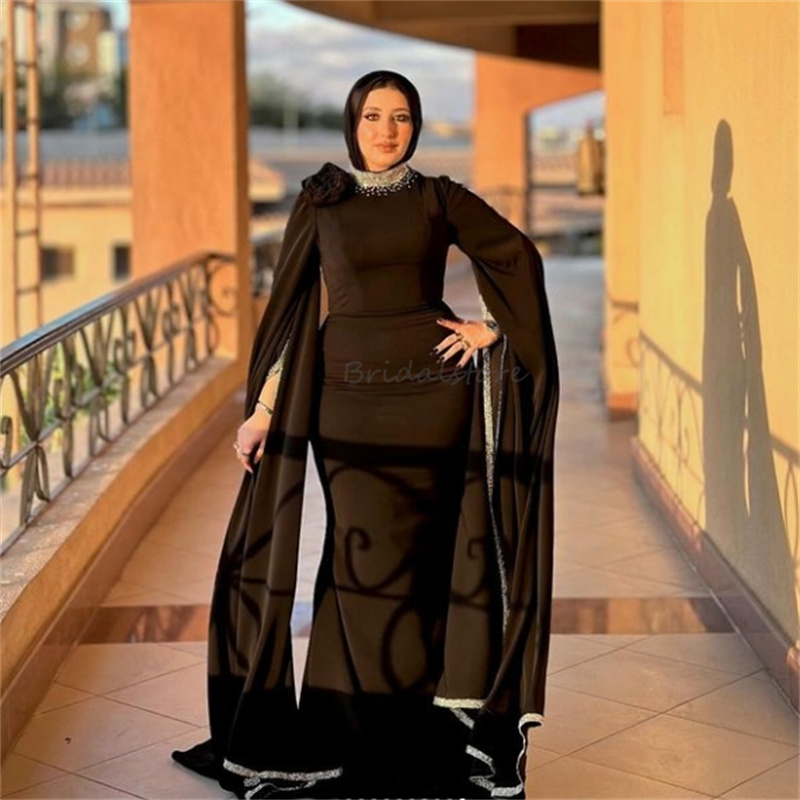 Moroccan Dubai Black Evening Dress With Beaded Sequin Elegant Islamic Muslim Prom Dress Mermaid Formal Party Special Occasion Dress Robe De Mariage Ve