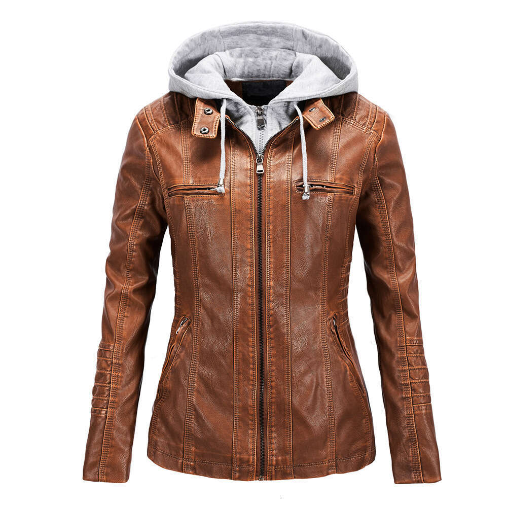 shanshi leather jacket women Long sleeved motorcycle PU women's short detachable hooded slim fit leather jacket