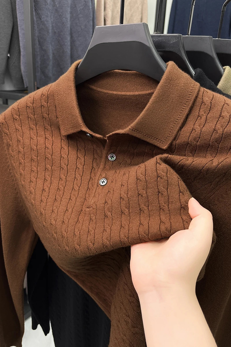 High end fashion jacquard lapel knitted long sleeve Tshirt men autumn and winter thick warm casual Korean version sweater 241111