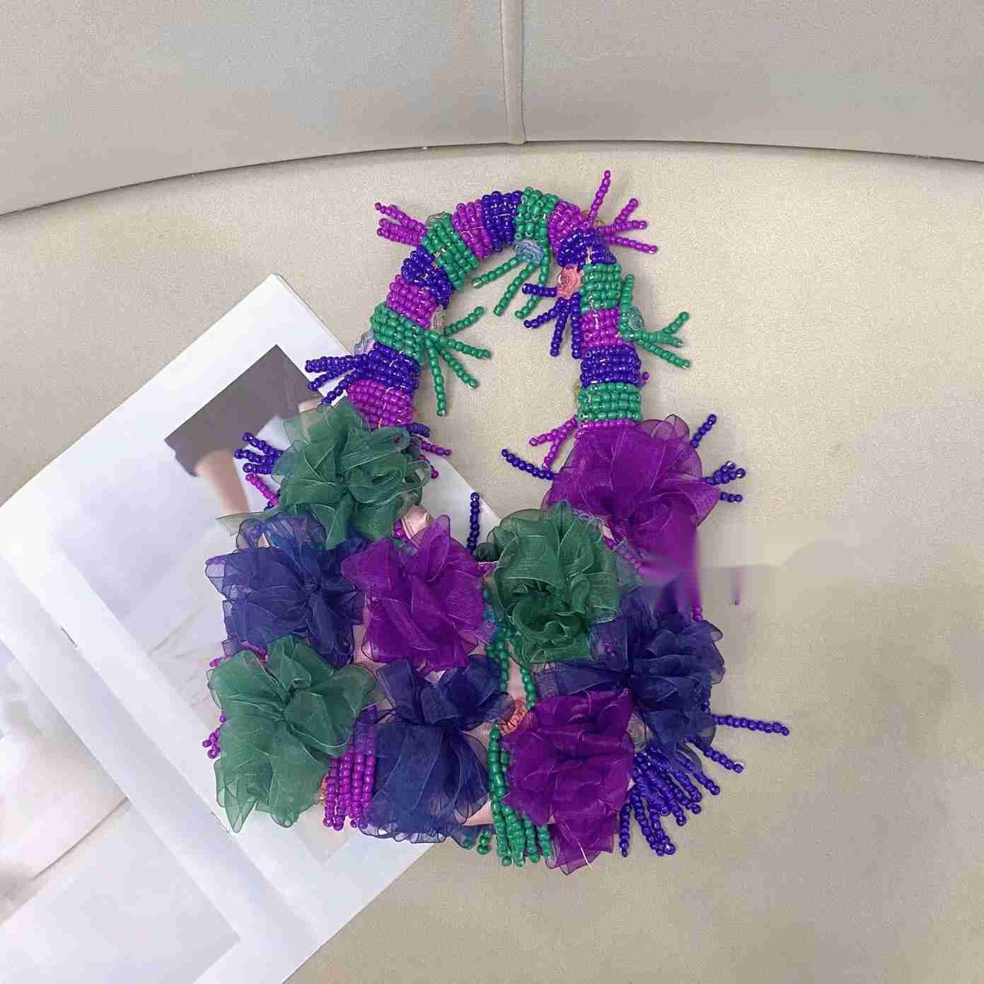Purple fashion flower bead art niche design ethnic style leisure tourism single shoulder armpit bag 241115