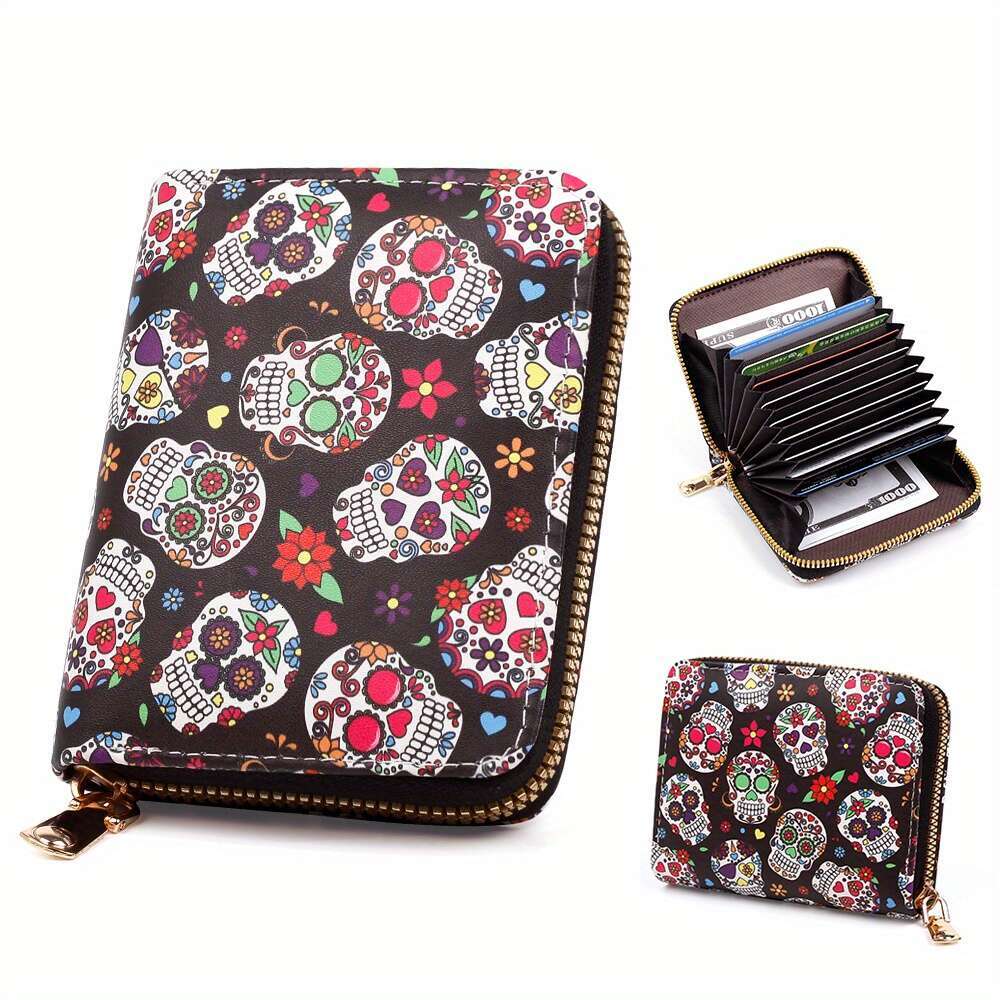 Fashion Halloween Skeleton Purse Handbag Cool Colored Skull Head Wallet .