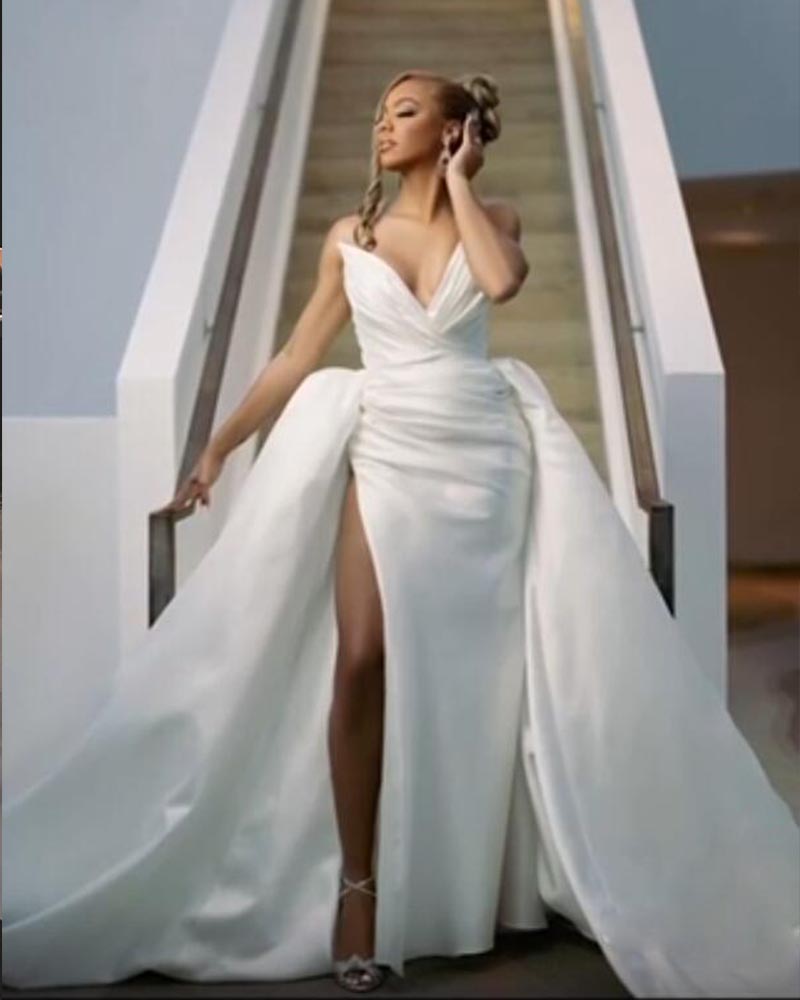 V Fabluous Deep Neck Thigh Split Dresses Ruched Satin Detachable Train Wedding Gown Plus Size Vestidos De Mariage estidos