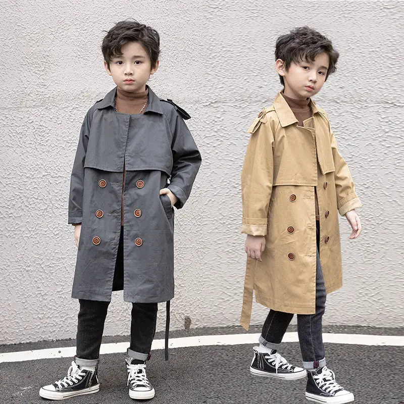 Vintage Trench Coat Baby Boys Windproof Jacket British Double Breasted Windbreaker with Waistbelt Turn-Down Collar Kids Clothes 241111