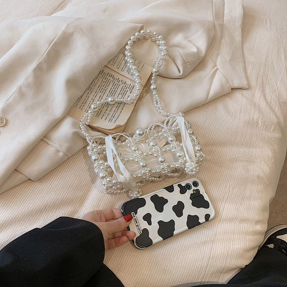 Women Beading Shoulder Bag Handmade Beaded Evening Clutch Purse Retro Pearl Exquisite Elegant Shiny Banquet Party Bag