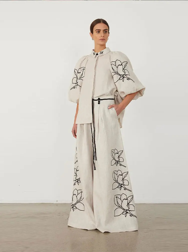Fashion Cotton En Printed Pants Suit Women Retro Bubble Sleeve Lapel Shirt Pleated Wideleg Pant Spring Summer Suits 22