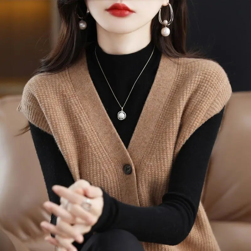 Womens Autumn Winter Vneck Solid Color Knitted Cardigan Button Korean Loose All Match Sleeveless Sweater Vest Tops 241111